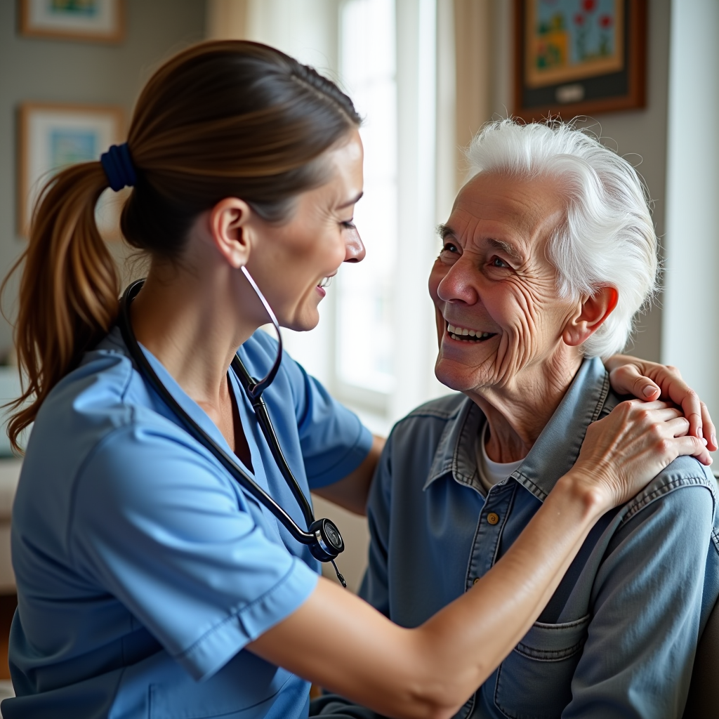 Profesional de enfermería uniformada con estetoscopio atendiendo con cuidado y calidez a una persona mayor sonriente en su hogar acogedor, ambiente luminoso con luz natural, decoración gallega tradicional al fondo, escena que transmite confianza y profesionalidad en el cuidado domiciliario