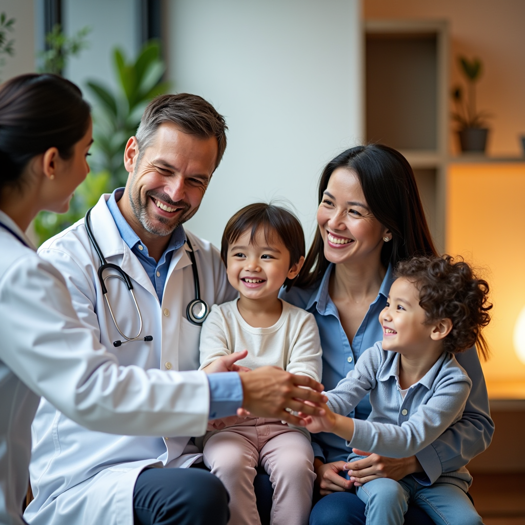 Familia sonriente compuesta por padres e hijos en consulta médica moderna, siendo atendidos por profesional sanitario en ambiente cálido y acogedor, transmitiendo confianza y tranquilidad en el cuidado de la salud familiar