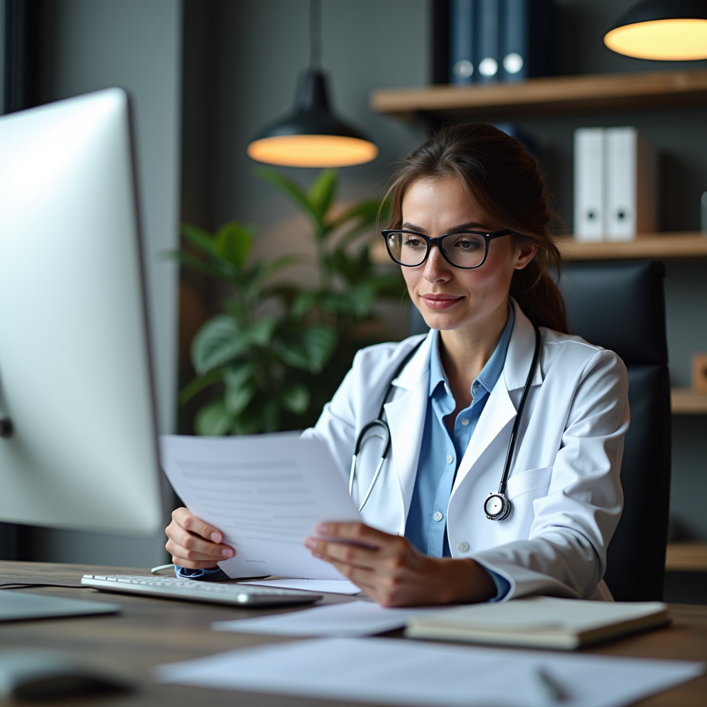 Profesional de seguros de salud en Galicia revisando documentación de pólizas médicas en oficina moderna con ordenador