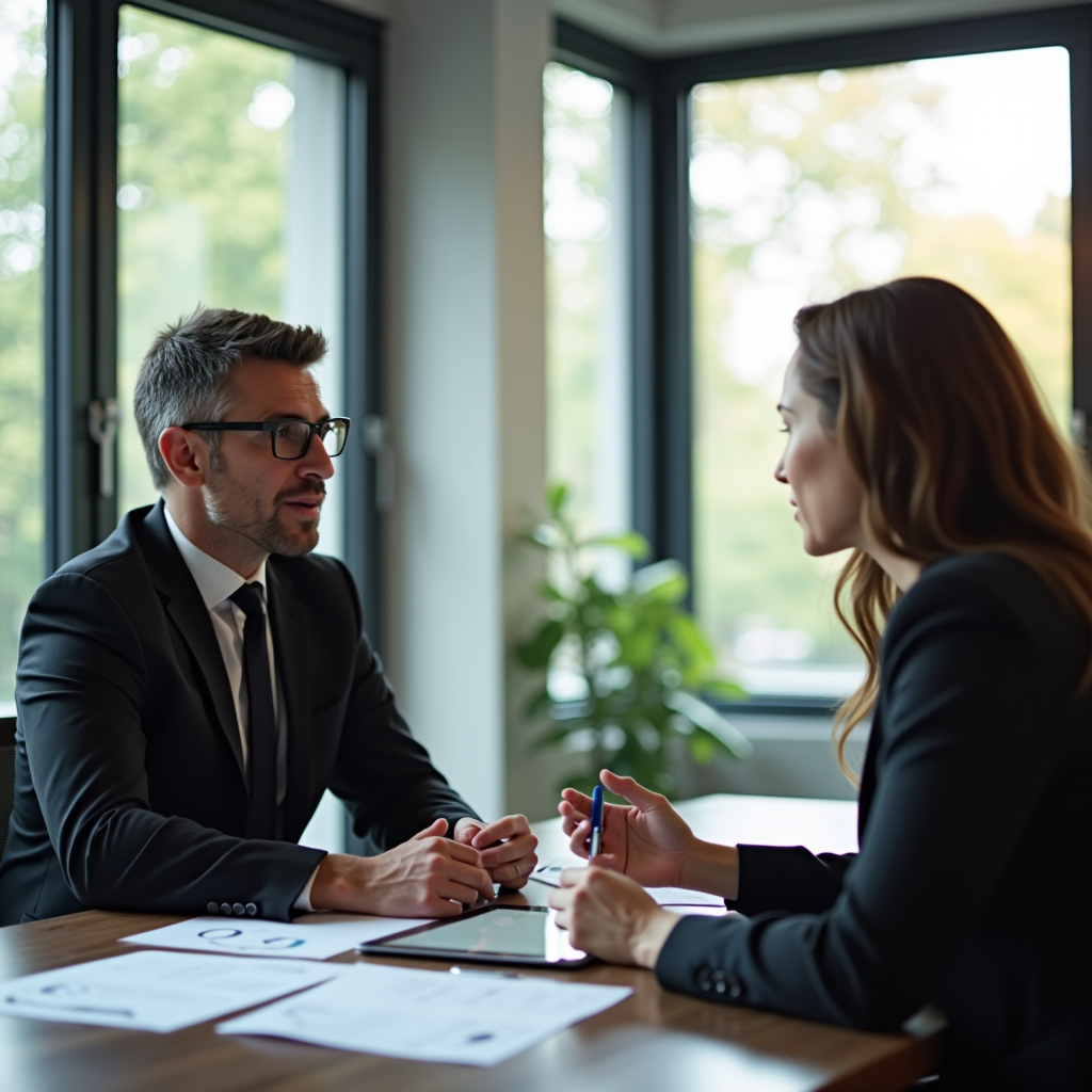 Asesor profesional en oficina moderna consultando con cliente, ambiente de confianza y profesionalidad, documentos y tablet sobre escritorio