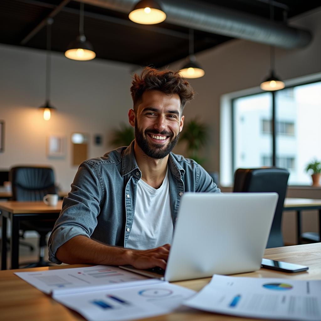 Profesional autónomo trabajando en oficina moderna, ambiente emprendedor y dinámico, laptop y documentos de trabajo, expresión de confianza y satisfacción
