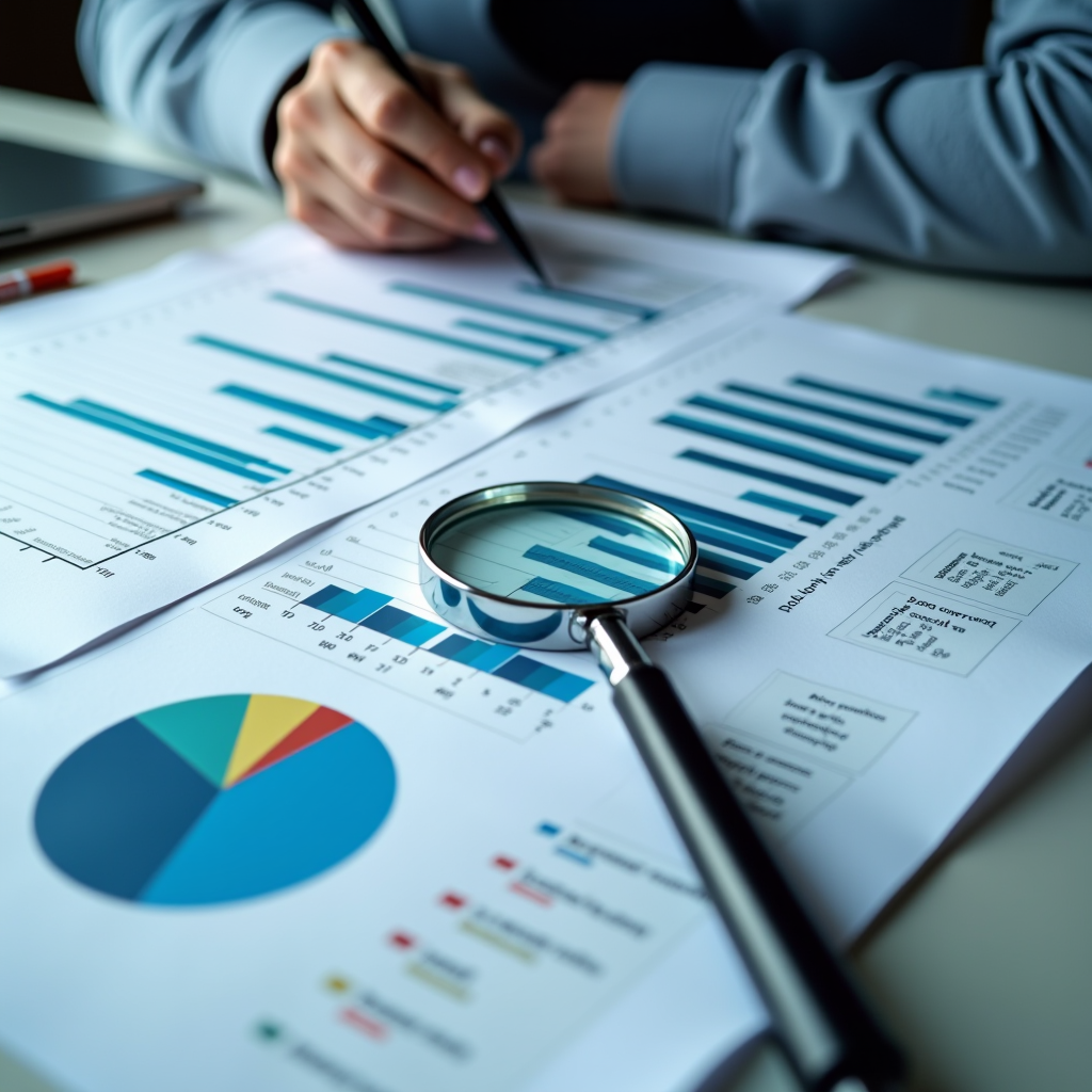 Gráficos comparativos y documentos de análisis sobre mesa, lupa destacando detalles importantes, ambiente de transparencia y análisis profesional
